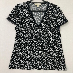 Michael Michael Kors Black White Heart Print V Neck Lace Stretch Top XL